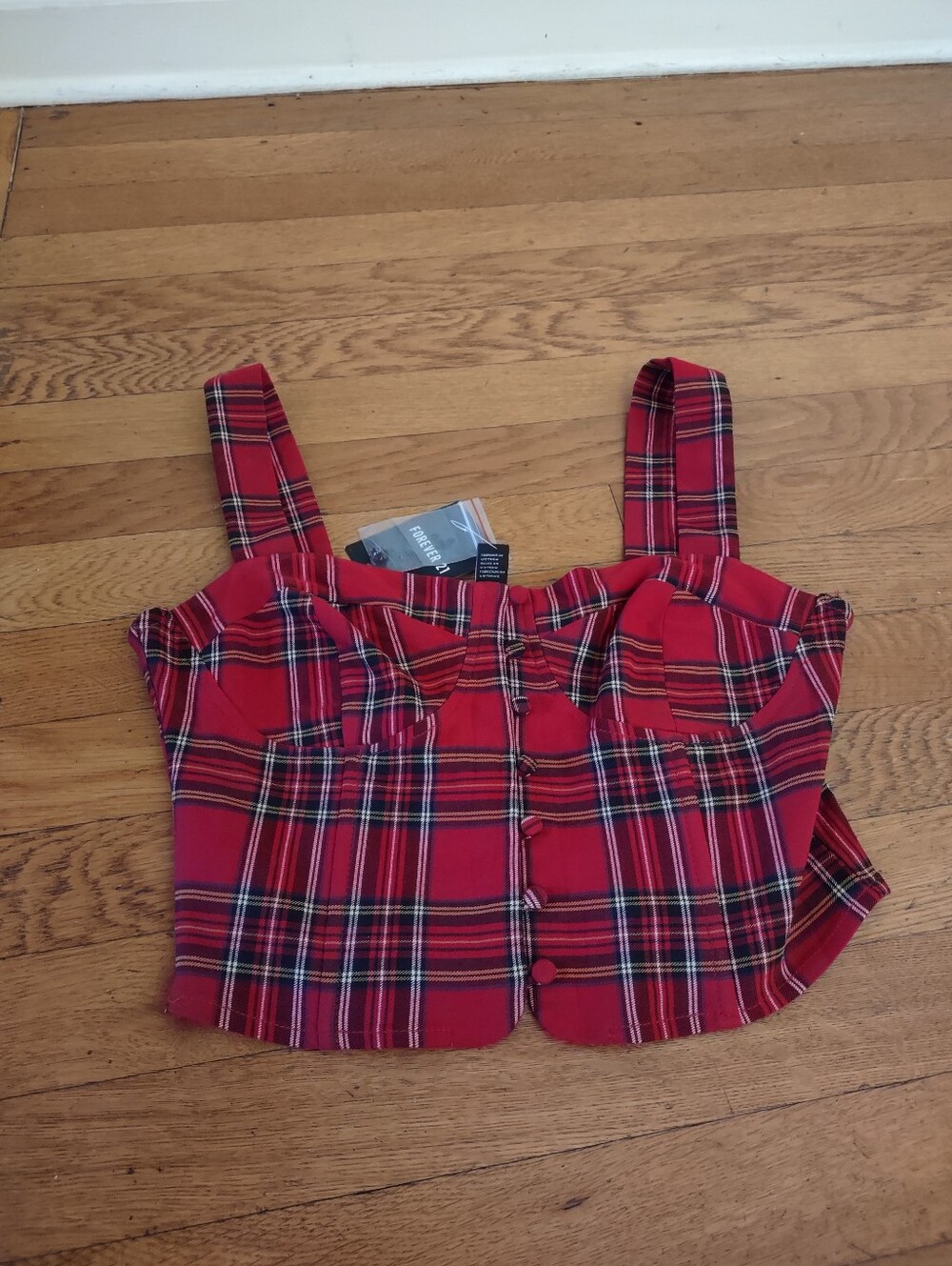 NWT forever 21 red plaid button up crop top size medium alt goth skater festival